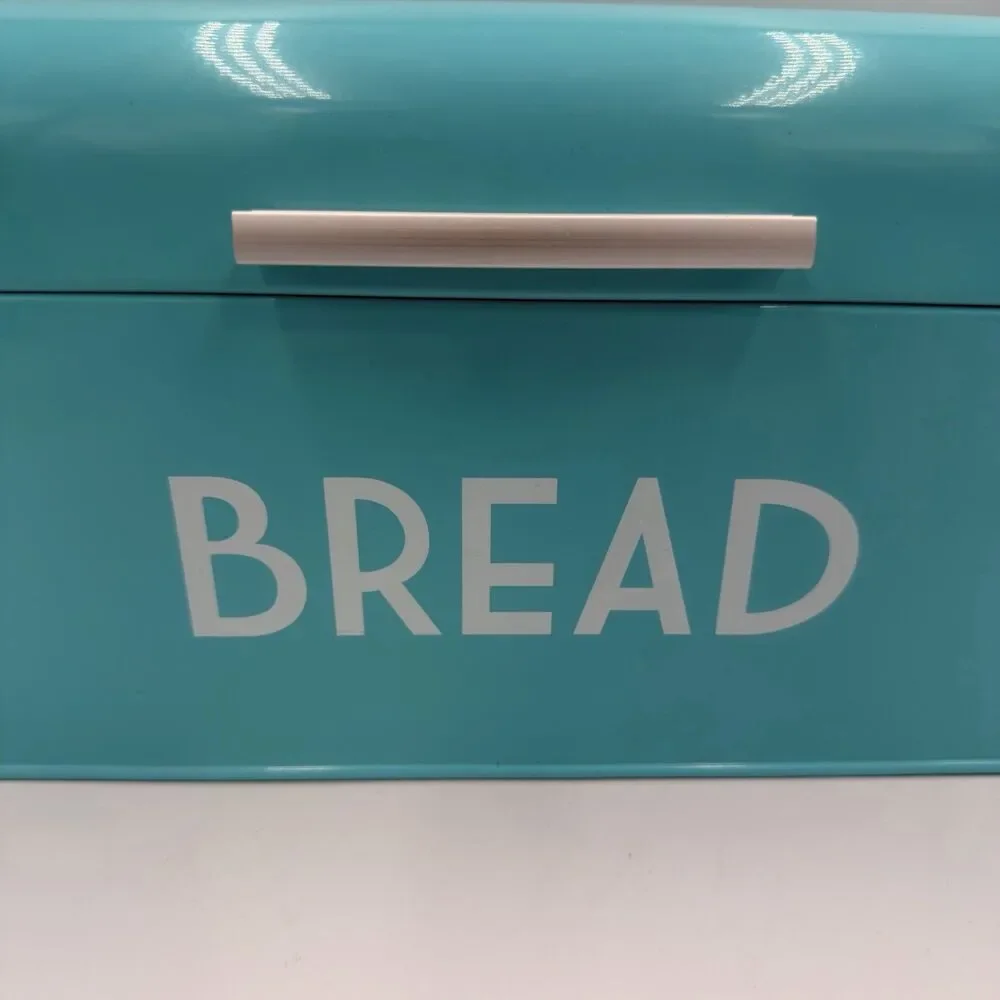 Turquoise Metal Bread Box Hinged Lid Retro Farmhouse Kitchen Storage 16.5”
